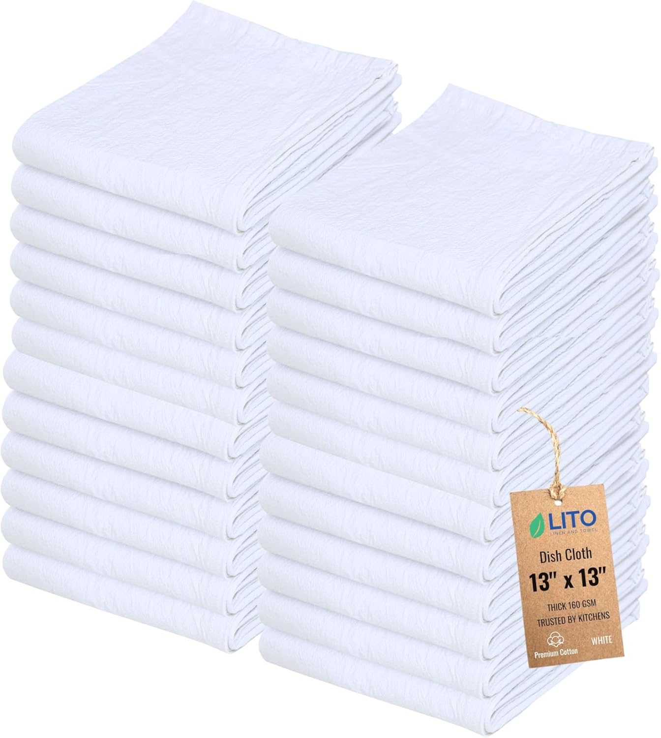 Dish Cloths Cotton - Kitchen Wash Cloth, Shop Towels Absorbent and Lint Free Flour Sack, Dishcloths for Kitchen Washing Dishes, Thick Absorbent Quick Dry Dish Rags, 24 Pack 13"x13" White