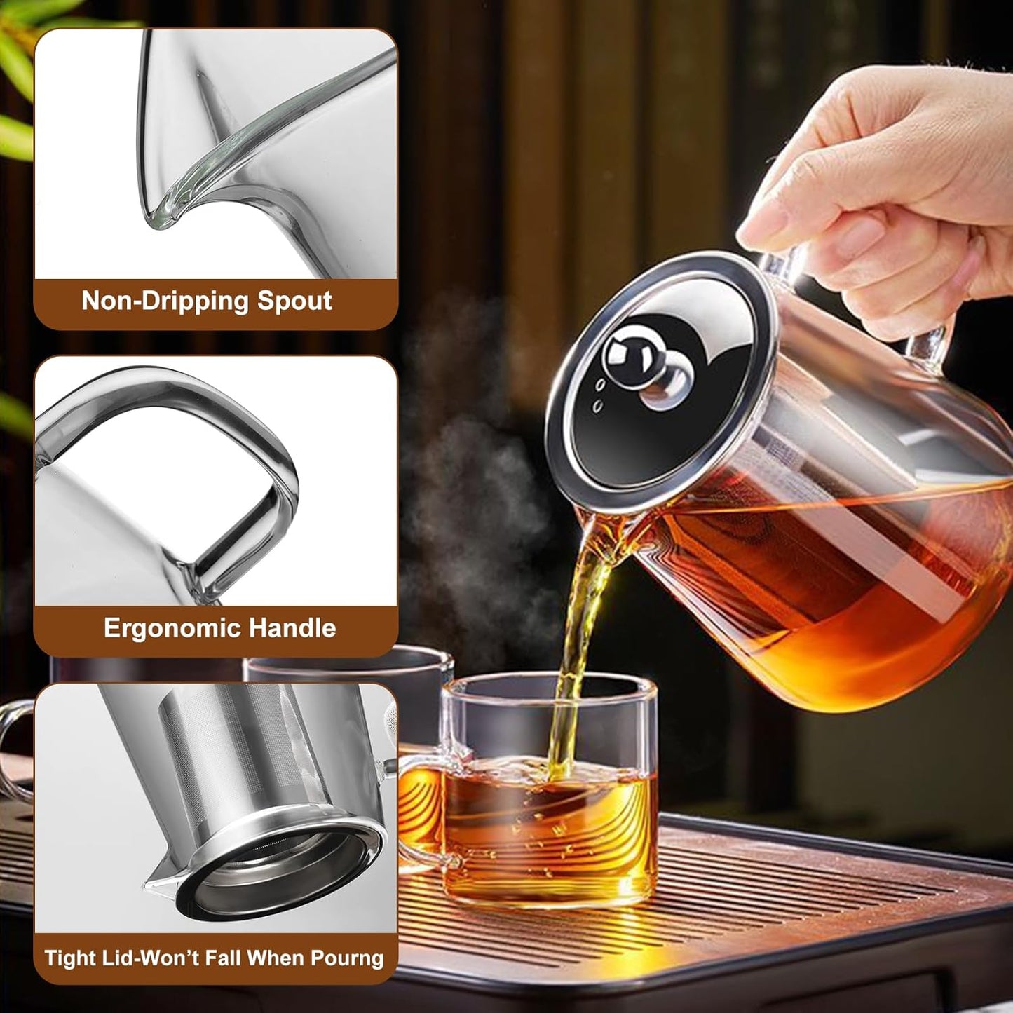 Glass Teapot, Tea Pot with Removable Infusers for Loose Tea, Borosilicate Glass Tea Kettle Tea Maker Stovetop for Party, Camping,Travel (950ML)