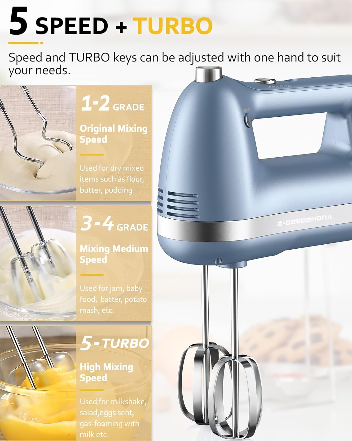 Electric Hand Mixer, Powerful 300W Hand Mixer Electric Handheld with 304 Beaters, Dough Hook, Hand Held Mixer with Turbo for Baking Cakes, Eggs, Cream Food(Blue)
