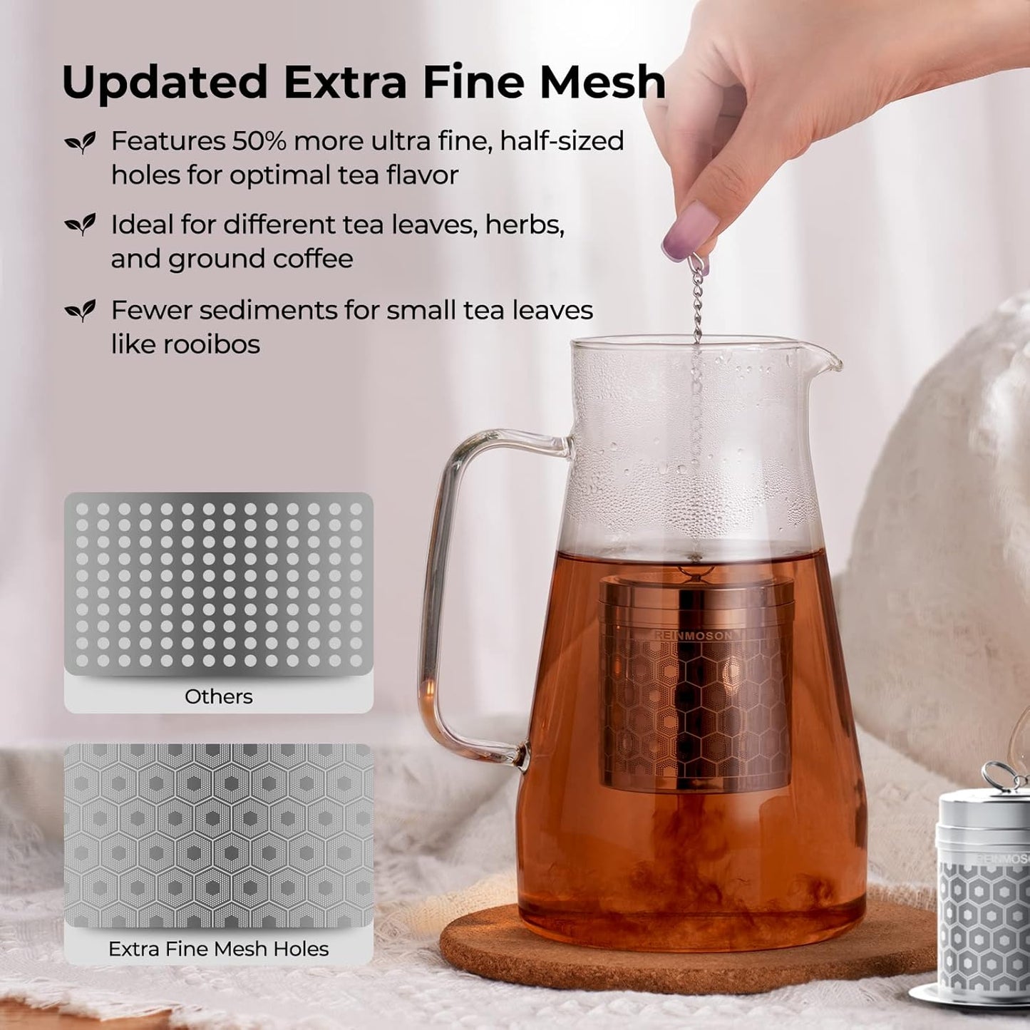 Reinmoson Large Tea Infuser for Loose Tea & Spice Infuser for Cooking, Extra Fine Mesh Tea Strainers, 304 Stainless Steel Loose Leaf Tea Steeper for Black Tea, Rooibos, etc