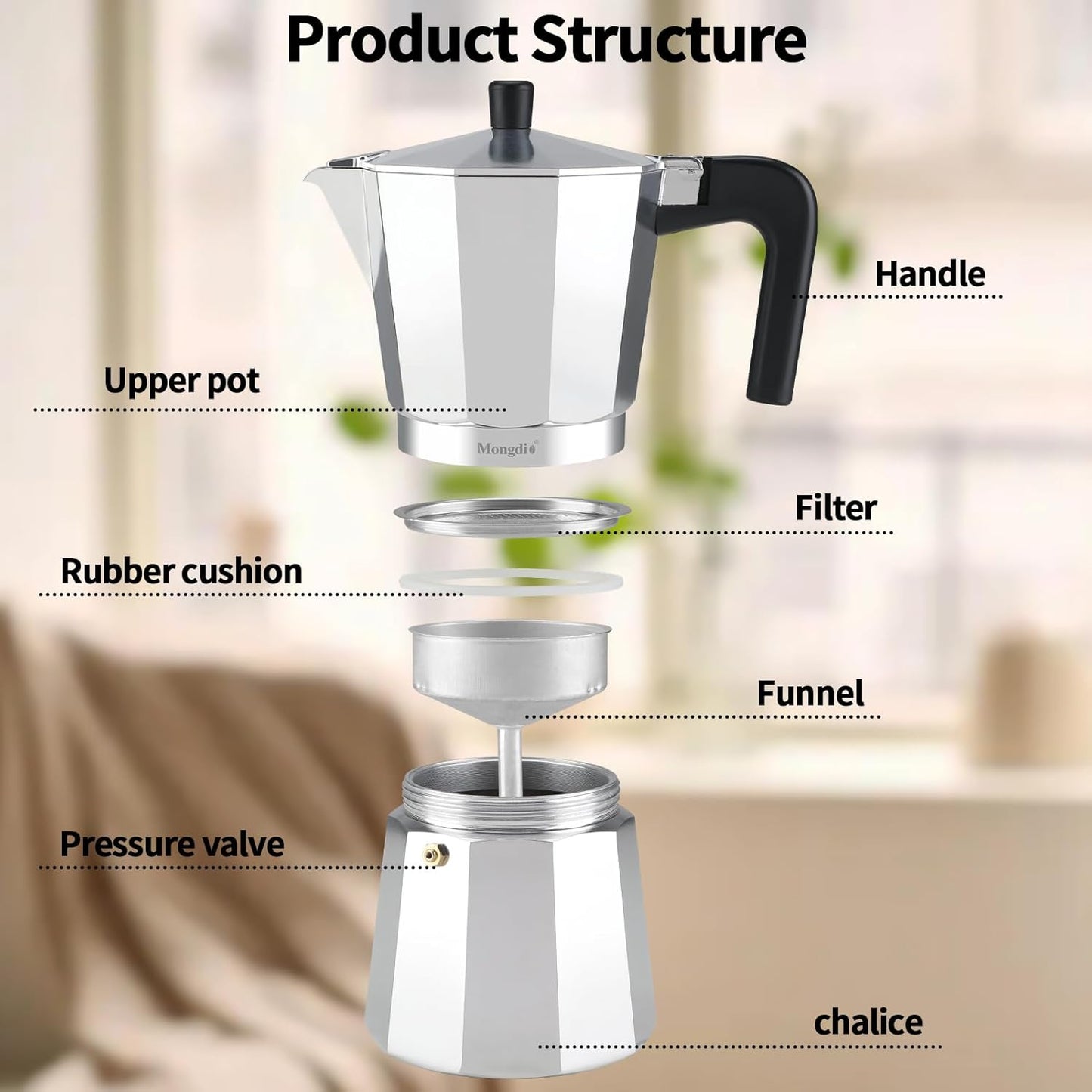 Mongdio Stovetop Espresso Maker Moka Pot, Stove Top Cuban Coffee Maker, Italian Greca Mocha Pot, 12 Espresso Cups, 20 oz - Silver