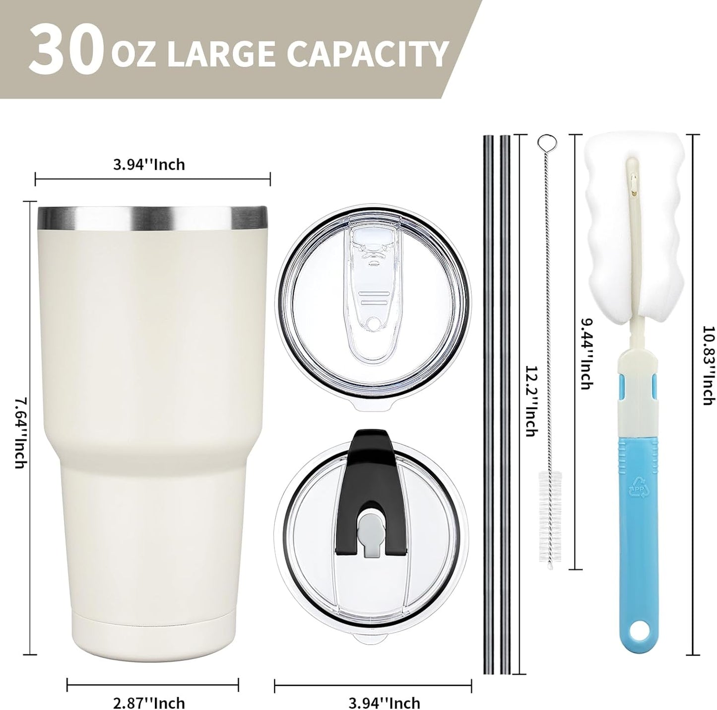 30 oz Tumbler with Lids and Straws, Stainless Steel Insulated Coffee Tumbler, Double Wall Vacuum Insulated Travel Mug Cup, Leakproof Thermal Coffee Cup for Hot and Cold Drinks (Cream)