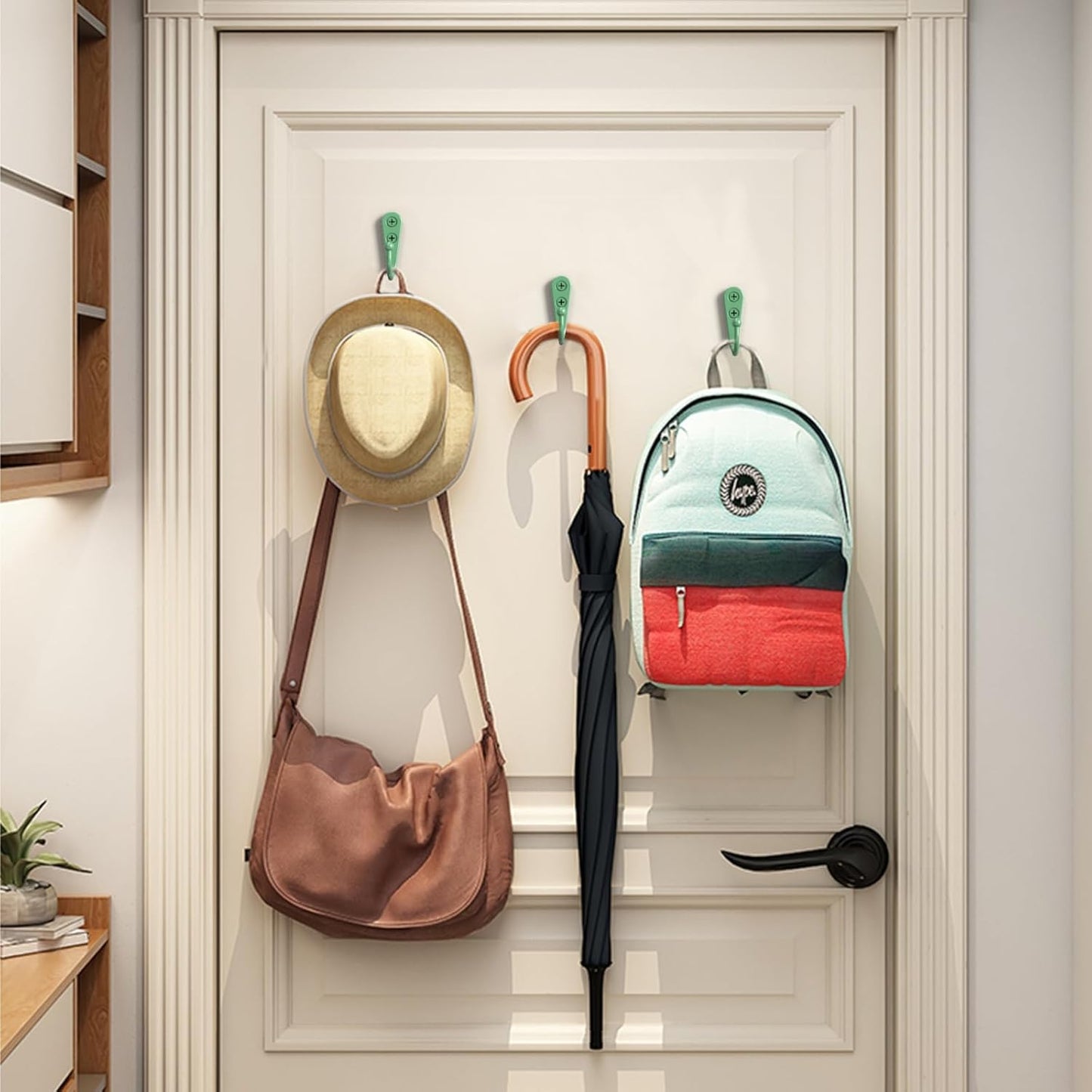 15 Pcs Black Wall Mounted Coat Hooks, Hanger Hook with 30 Pieces Screws for Towel, Key, Robe, Scarf, Bag, Cap, Coffee Cup, Mugs（Green）