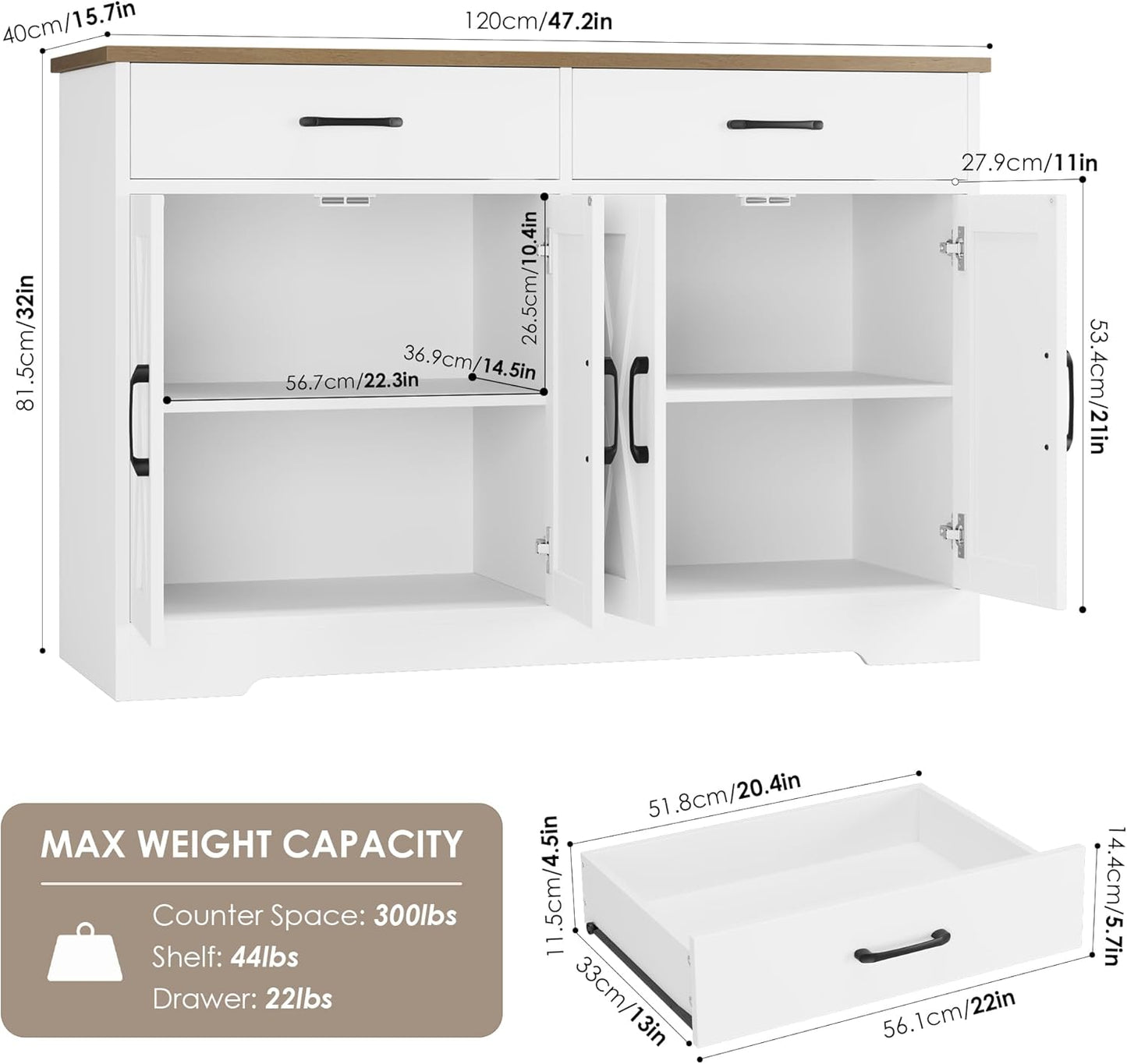 HOSTACK Buffet Cabinet with Storage, 47.2" Kitchen Sideboard Buffet with Drawers, Modern Farmhouse Coffee Bar Station with Shelves, Barn Doors Storage Cabinet for Living Room, White/Rustic Brown