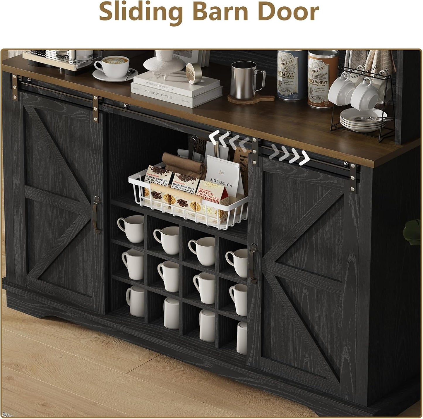 55 Inch Farmhouse Coffee Bar Cabinet with 3-Tier Storage, Kitchen Hutch with 12 Wine Racks & 3 Glass Holders, Coffee Bar with 6 Hooks, Wine Bar Cabinet for Dining Living Room, Black