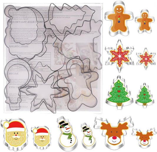 Large Christmas Cookie Cutters,4" Holiday Sturdy Molds thickened Stainless Steel with Recipe Instruction,Snowman, Christmas tree, elk, snowflake.