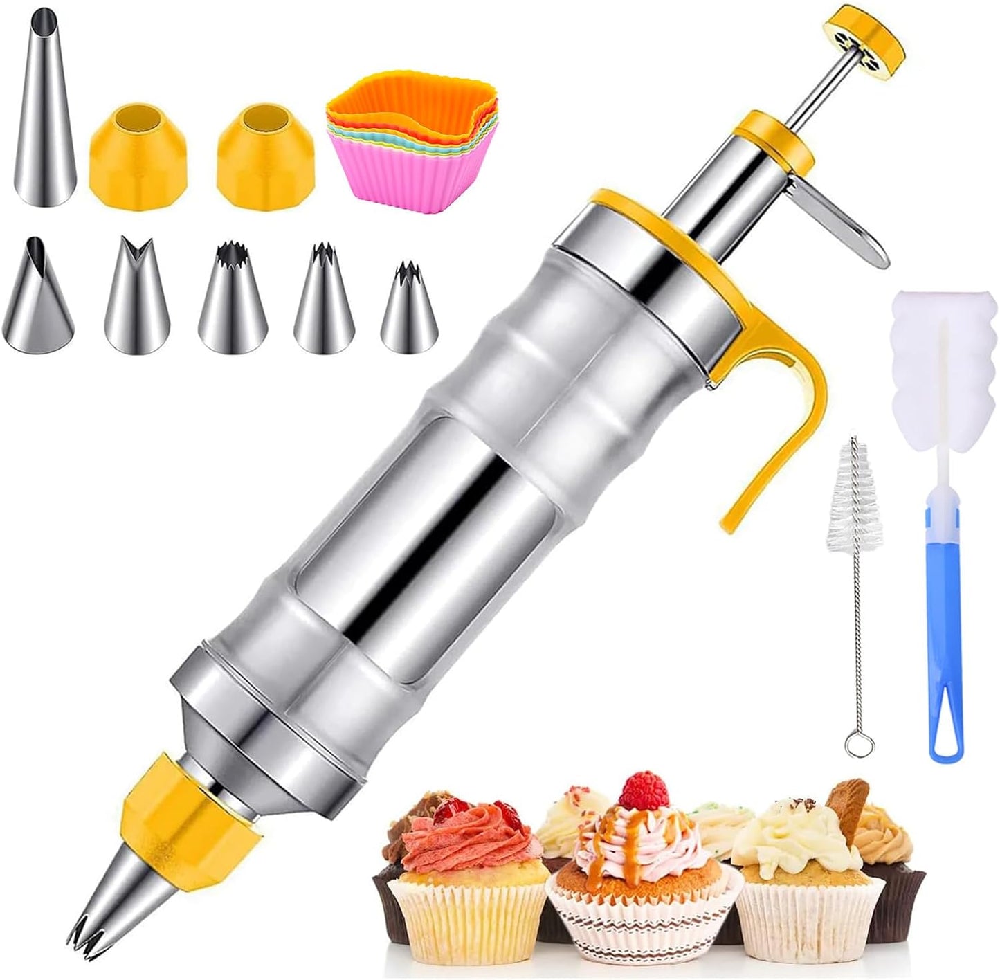 19-Piece Cake Decorating Kit with 6 Stainless Steel Piping Tips, Reusable Frosting Gun, Icing Bags & Tools for Cakes, Cupcakes, Cookies, Bread – Professional Baking Supplies for Beginners & Experts