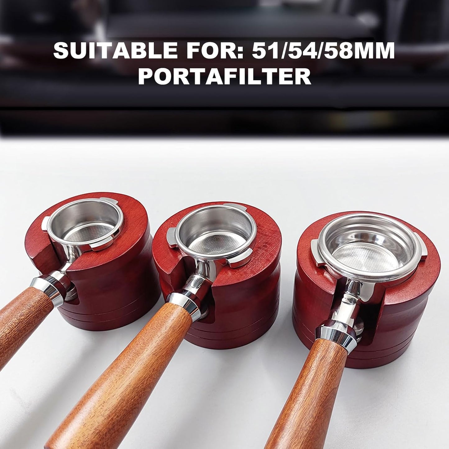 Elegant Wooden Coffee Portafilter Holder Stand, Round Red Bottomless Portafilter Tamping Station for Home Bar