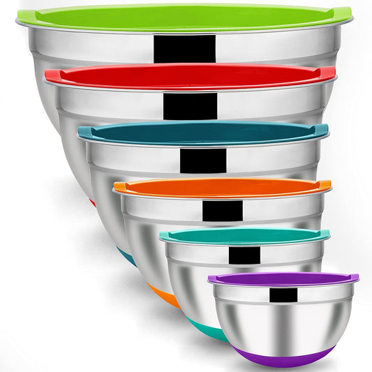 LIANYU Nesting Mixing Bowls Set of 6 with Airtight Lids, Size 7, 3.5, 2.5, 2, 1.5, 1QT, Large Stainless Steel Metal Bowls for Baking Cooking Food Storage, Non-slip Bottom, Colorful