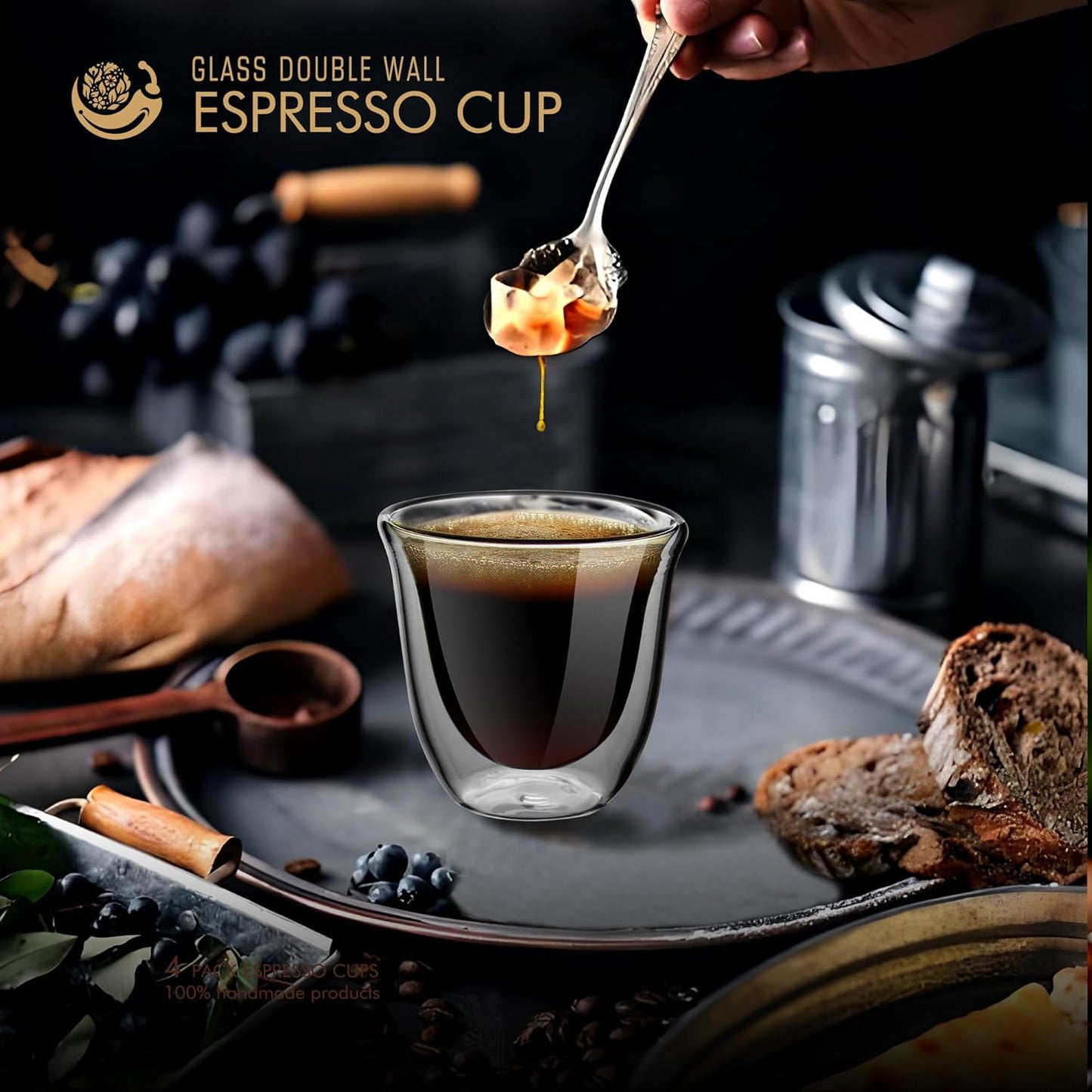 Double Wall Insulated Espresso Cups Set of 4-3oz Borosilicate Glass, Heat & Thermal Shock Resistant, Keeps Hands Cool, for Home, Cafe, Gift