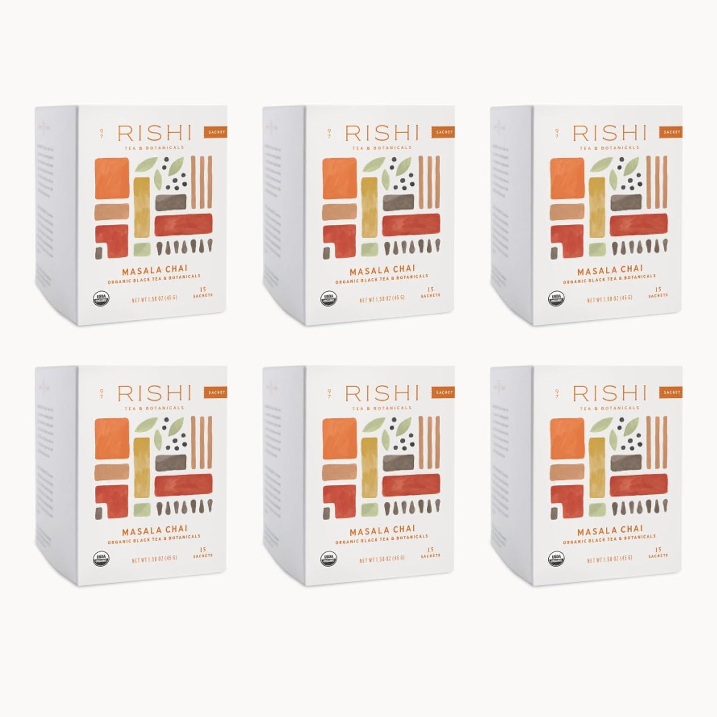 Rishi Tea Masala Chai Tea - Organic Sachet Tea Bags, Assam Black Tea Blend with Whole Spices, Energizing & Caffeinated - 15 Count (Pack of 6)