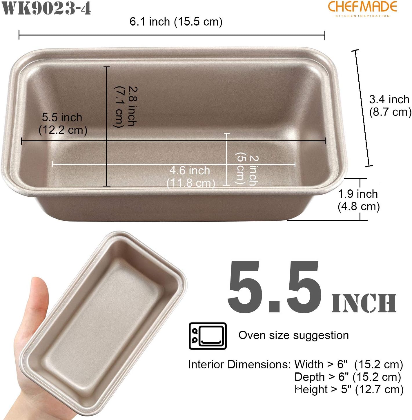 CHEFMADE Mini Loaf Pan Set, 5.5-Inch 4Pcs Non-Stick Rectangle Bread and Cake Bakeware for Oven and Instant Pot Baking (Champagne Gold)