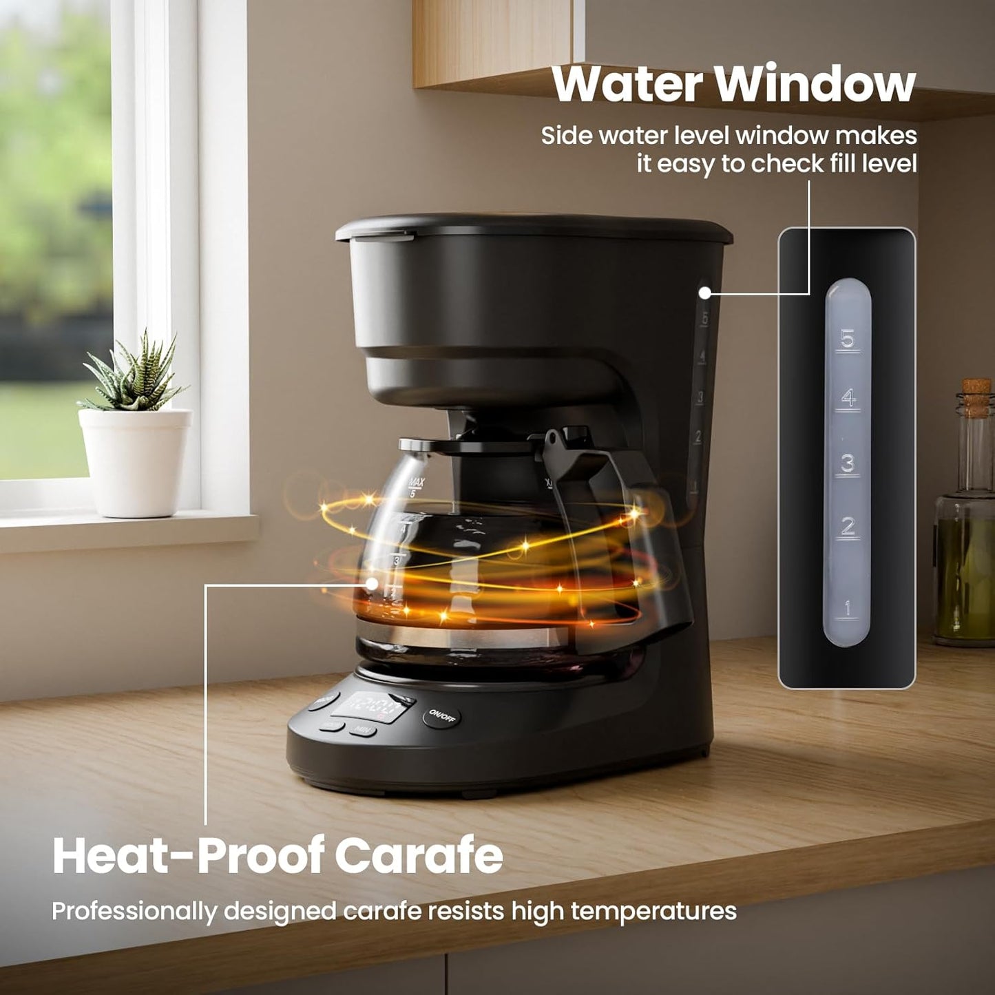 Kismile Compact Drip Coffee Maker, Anti-Drip System, 5 Cup Coffee Maker, Timer, Removable Funnel & Auto Shut-Off, Anti-Dry Protection, Perfect Small Coffee Machine for Home & Office (Black)