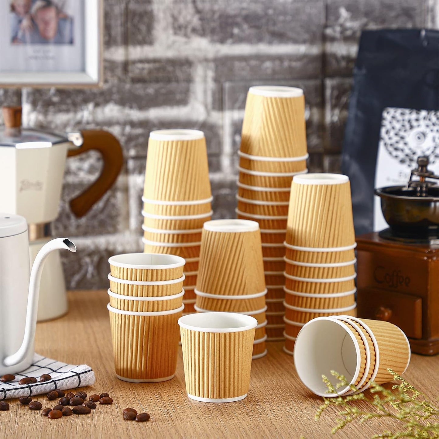 Yaomiao 200 Pcs 4 oz Disposable Espresso Coffee Cups Ripple Corrugated Paper Insulated Hot Cups for Party Cold Drinks Hot Beverage Tea(Kraft Paper Color)