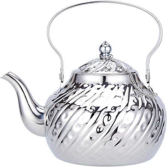 SANQIAHOME 2000ml stainless steel antique style teapot,with Infuser, thickened boiling kettle, lifting handle,Silver