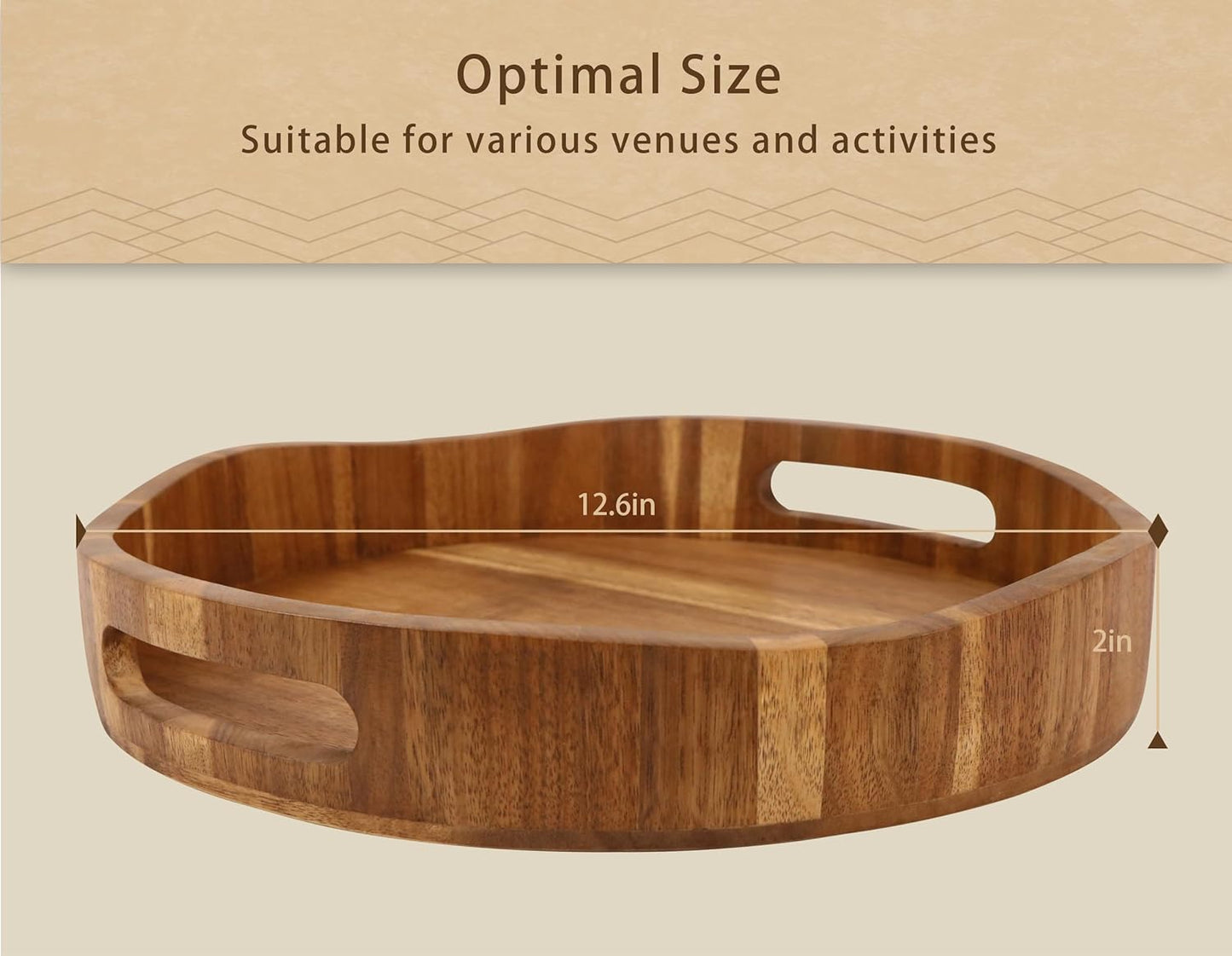 Acacia Wood Serving Tray with Handles, Round-12.6inch Perfect for Breakfast, Lunch, Dinner, Food Snacks Drinks for Coffee Table,Decorative Ottoman Tray for Living Room Kitchen, Bedroom