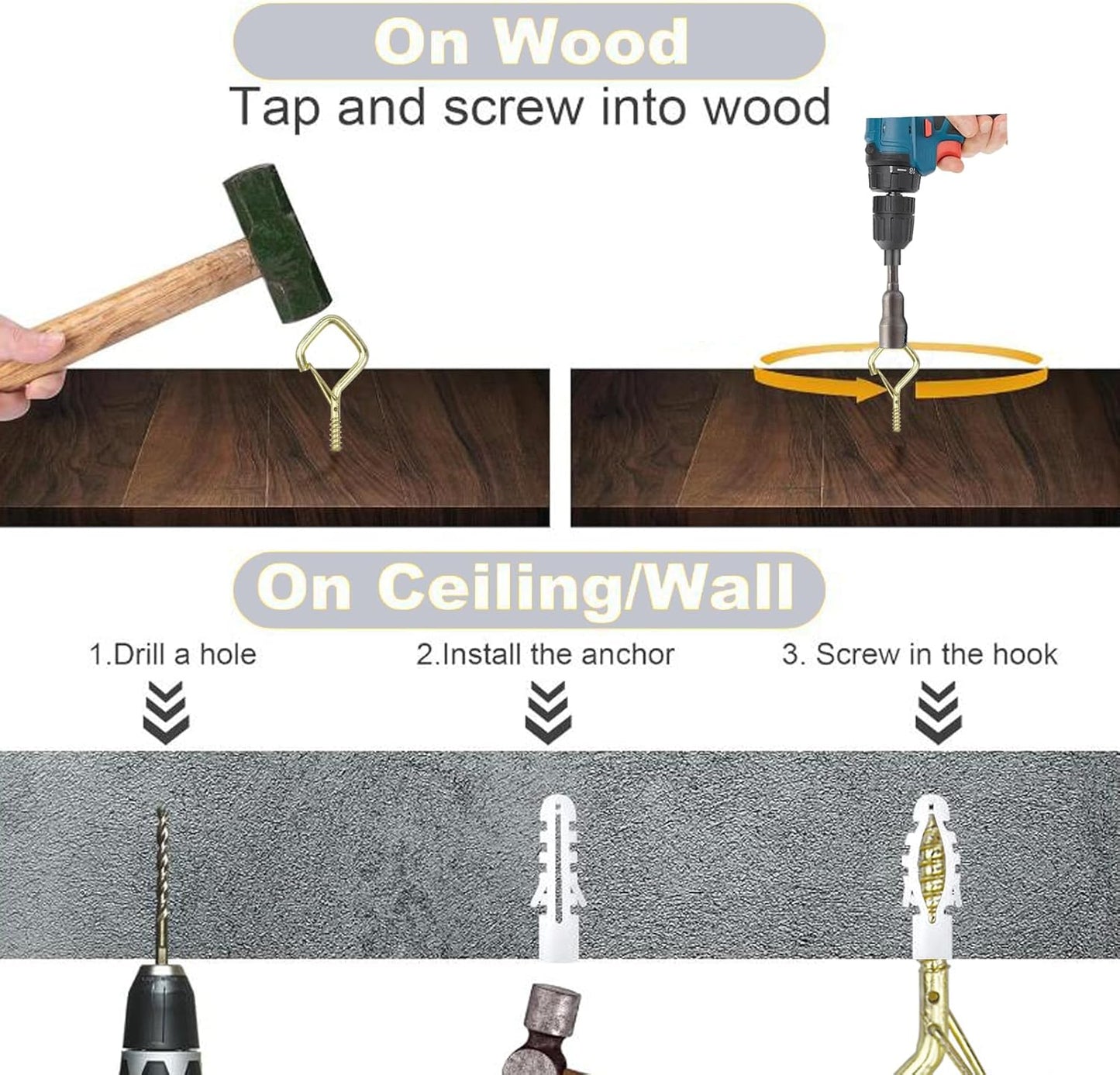 20PCS Eye Screw Hooks for Hanging Heavy Duty with Safety Buckle.Metal Ceiling Hooks for Hanging Plants,Cup,Wind Chime,Bird Feeders,String Lights at Indoor&Outdoor,2.36 Inch (No Drill Bit)