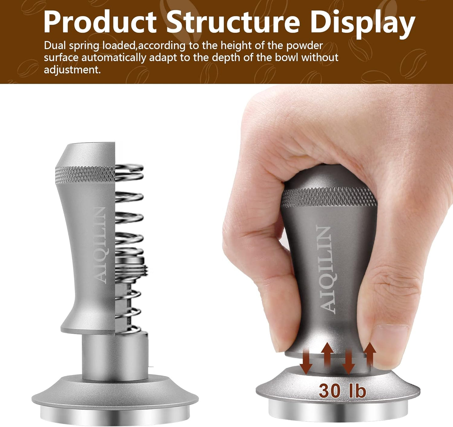 Espresso Tamper, Constant 30lb Coffee Tamper with double Calibrated Spring Loaded, Stainless Steel double spring loaded Coffee Tamper Fits for All Portafilters- Flat Base (53mm, SILVER)