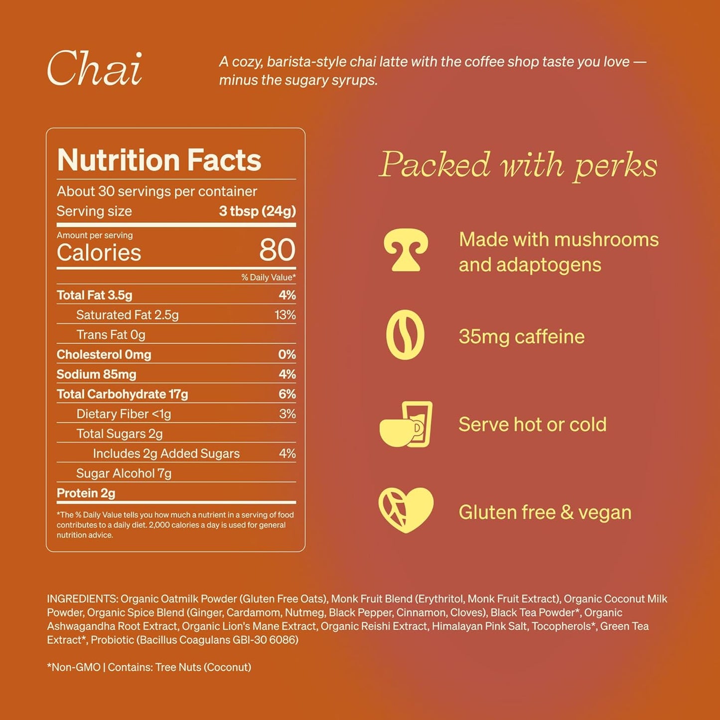Clevr Blends Chai Tea Latte, Instant Superfood Powder Blend with Oat Milk, Lions Mane, Reishi Mushroom, Black Tea, Organic Spices, Coconut Cream, Ashwagandha, Oprah’s Favorite Things 2022, (30 Lattes)