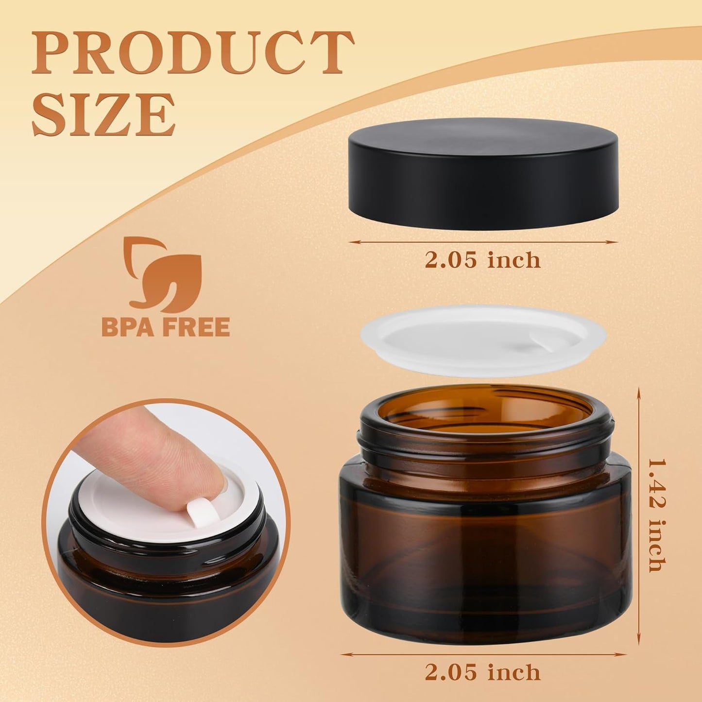 Glass Jars with Lids,Eco-Friendly Cosmetic Containers with Airtight Black Lids & Liners, Multi-Color Options for Cream, Lotion, Body Butter, DIY Skincare Travel Jars (Amber, 2oz)