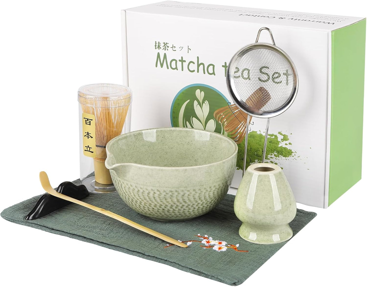 Matcha Whisk Set,7 Pcs Ceramic Set Includes Matcha Bowl,Matcha Whisk and Holder, Bamboo Scoop, Scoop Rest, Sifter and Tea Towel, Perfect Kit for Matcha lovers