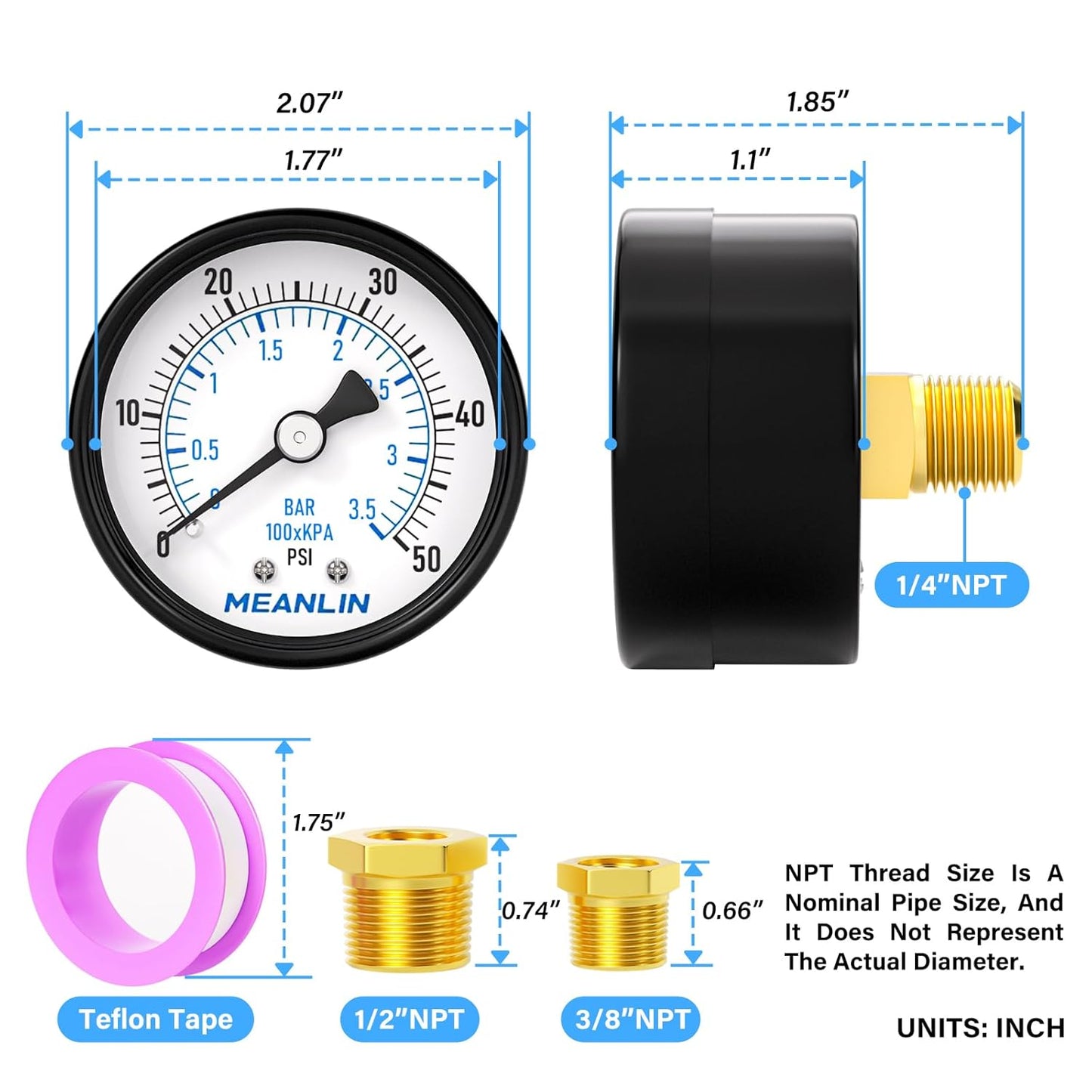 MEANLIN MEASURE 0-50Psi 2" DIAL FACE 1/4" NPT Well Pump Pressure Gauge, with 1/2" NPT and 3/8" NPT Hex Bushing, 3-2-3% Accuracy, Center Back Mount