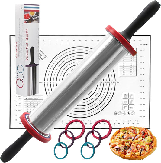 Rolling Pins,Rolling Pin and Silicone Baking Pastry Mat Set,Rolling Pins,Adjustable Stainless Steel Rolling Pin with Thickness Rings for Baking Dough,Pizza,Pie,Pasta(Black Mat)