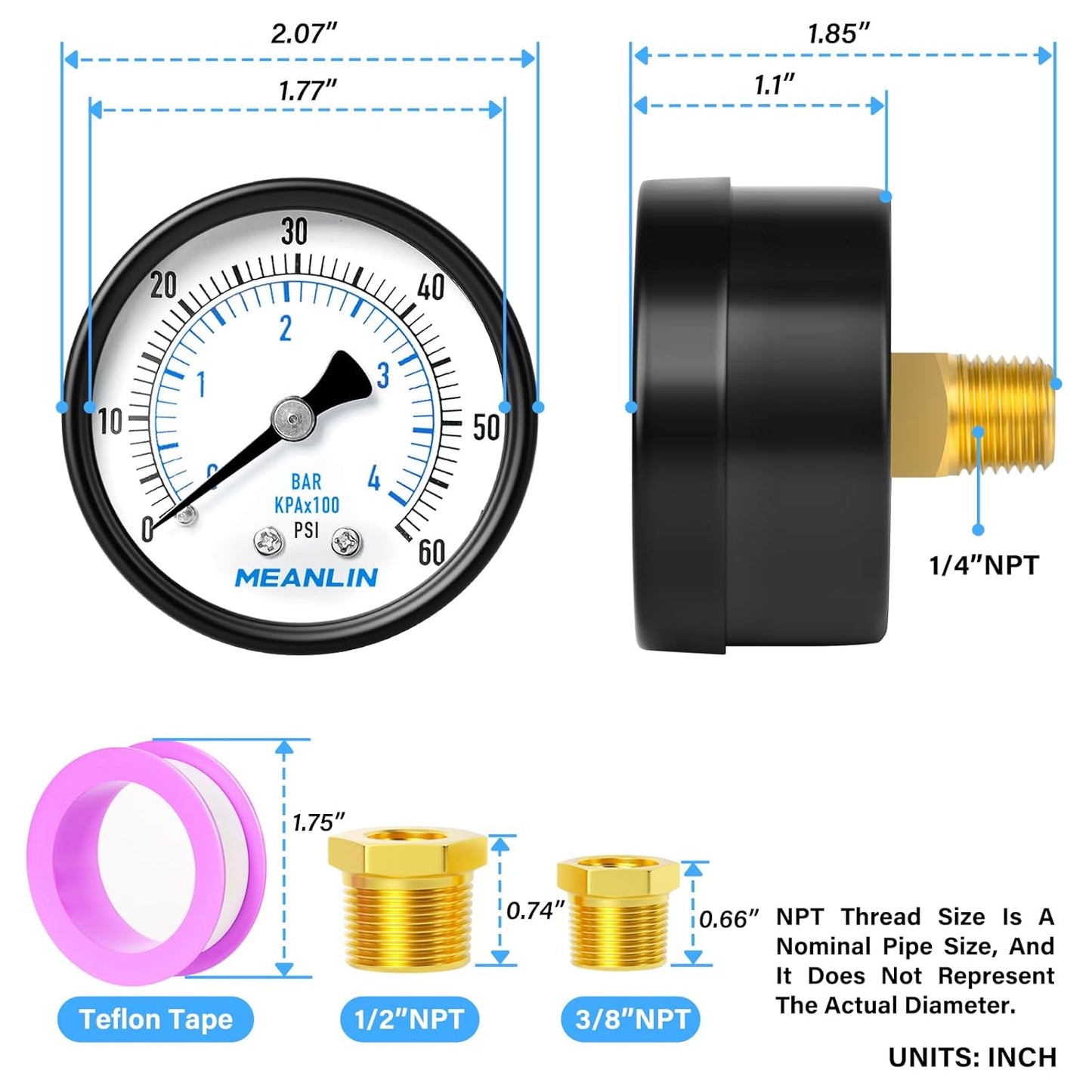 MEANLIN MEASURE 0-60Psi 2" DIAL FACE 1/4" NPT Well Pump Pressure Gauge, with 1/2" NPT and 3/8" NPT Hex Bushing, Pool Sand Filter WOG Water Oil Air Pressure Test, Center Back Mount