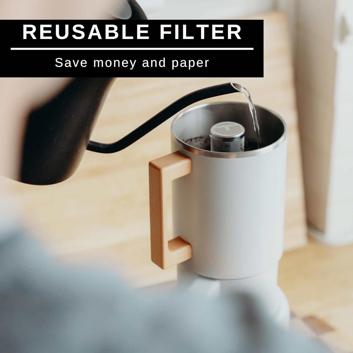 HASTINGS Pour Over Coffee Dripper - Stainless Steel Pour Over Coffee Filter, Metal Paperless Reusable Double Mesh Cone Filter with Wood Handle - Coffee Maker for Single Cup Brew up to 68 OZ (Grey)