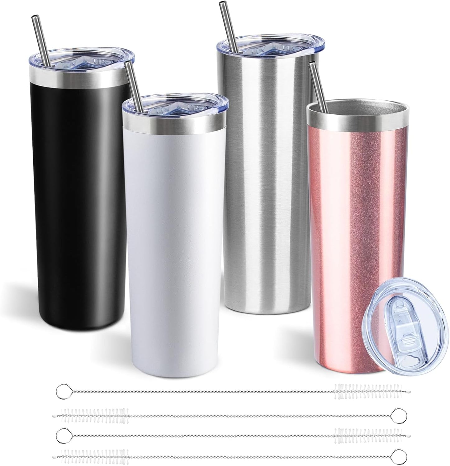 20 oz Skinny Tumbler with Lid and Straw,Stainless Steel Vacuum Insulated Tumbler Cup Double Wall Leak-proof Coffee Mug,Travel Thermal Water Tumbler for Office,Outdoor (Black/White/Rose gold/Silver)