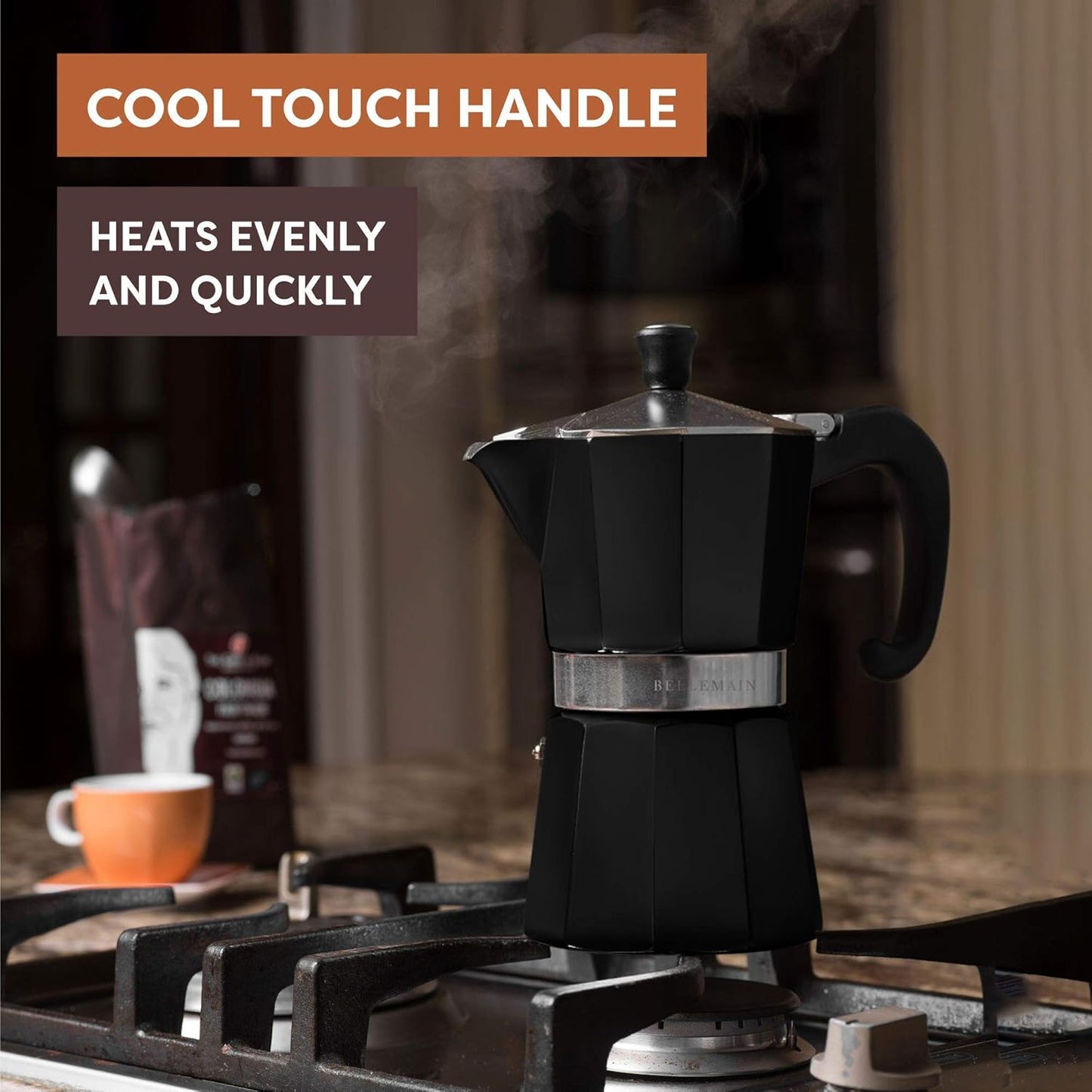 Bellemain Stovetop Espresso Maker | Italian Moka Pot Espresso Maker, Classic Aluminum Design Mocha Pot for Home Brewing & Camping | Easy to Use & Clean - 3-Cup, Black