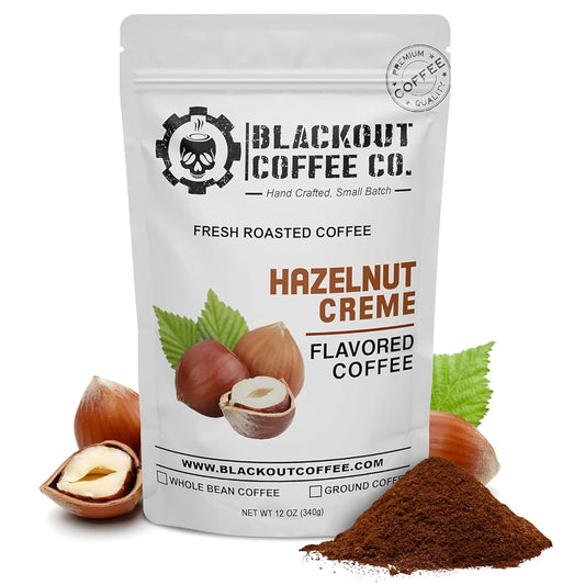 Blackout Coffee Hazelnut Creme Flavored - Freshly Roasted in the USA - 12 oz Ground Coffee Pouch