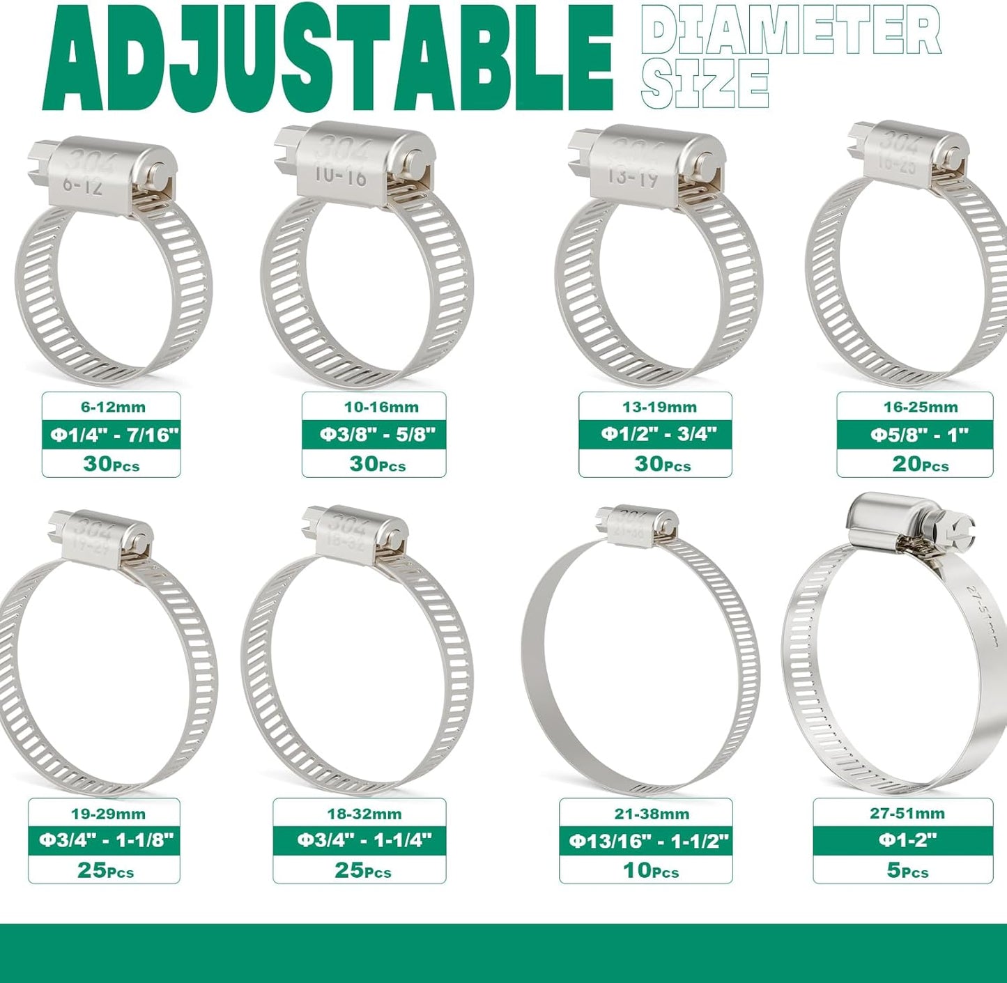 175PCS Hose Clamps Stainless Steel Assortment Adjustable 1/4"-2"(6-51mm) Worm Gear Hose Clamp, Heavy Duty Metal Small Hose Clamps for Automotive, Pipe, Radiator Plumbing, Fuel Line