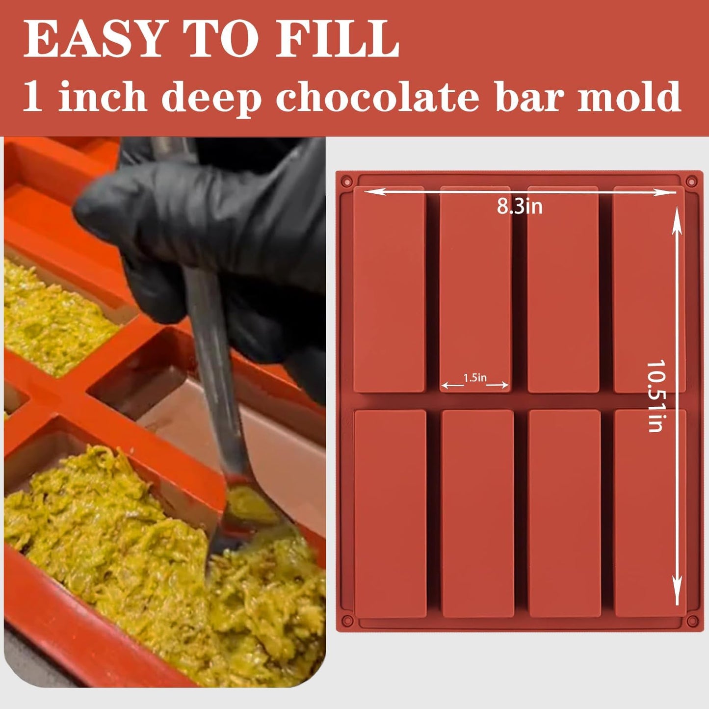 Rectangle Silicone Molds For Baking，1 Inch Deep Chocolate Bar Mold - 8 Cavity，Homemade Granola Cereal Candy Bar Mold - Set Of 2