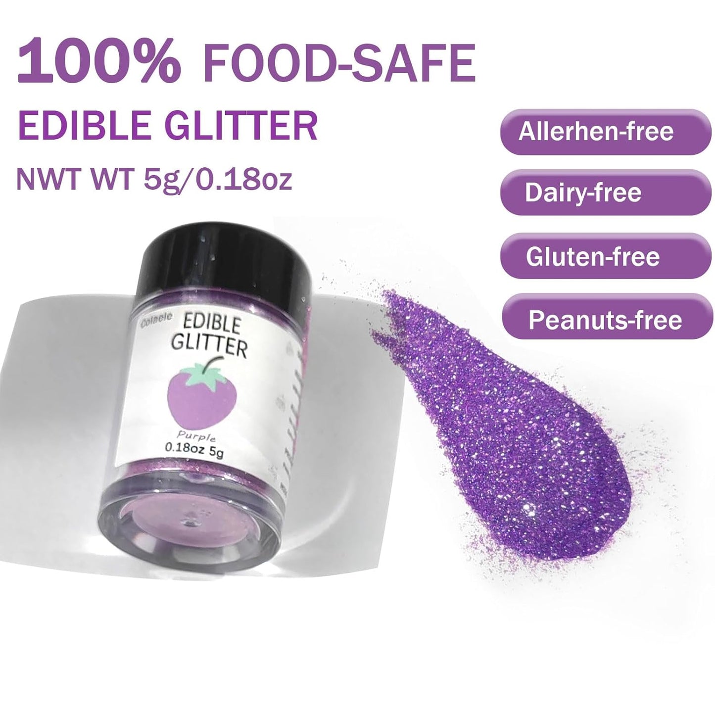 Purple Edible Glimmer Powder Glitter, Colaele 5 grams Food-Grade Luster Dust Metallic Fancy Food Decorating Sprinkle Glimmery Brew Dust for Cake Decorations Drinks Wine Beverage Candy Dessert, Vegan