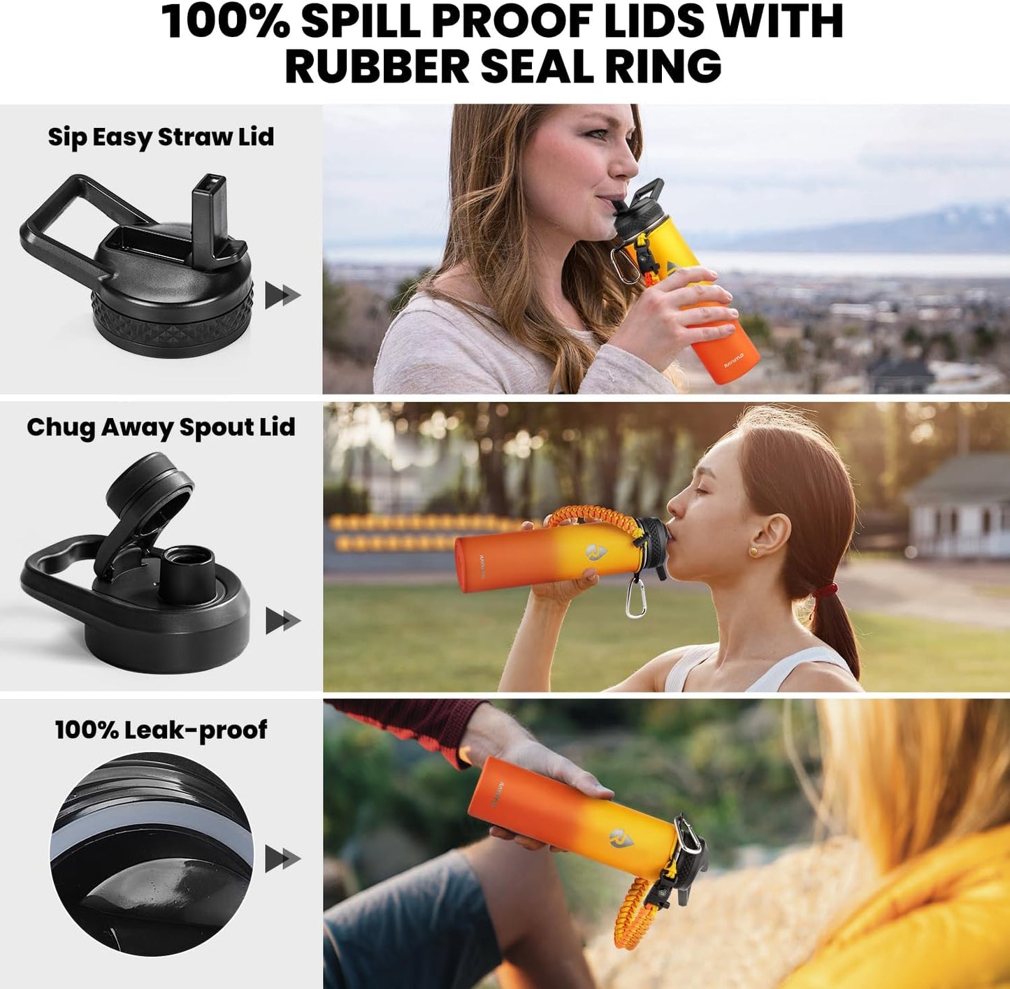 Insulated Water Bottle 24oz, Triple Wall Vacuum Stainless Steel (Cold for 48 Hrs, Hot for 24Hrs), Leak Proof & Non-BPA, 24oz Hydro Water Flask with Paracord Handle & Straw Spout Lids