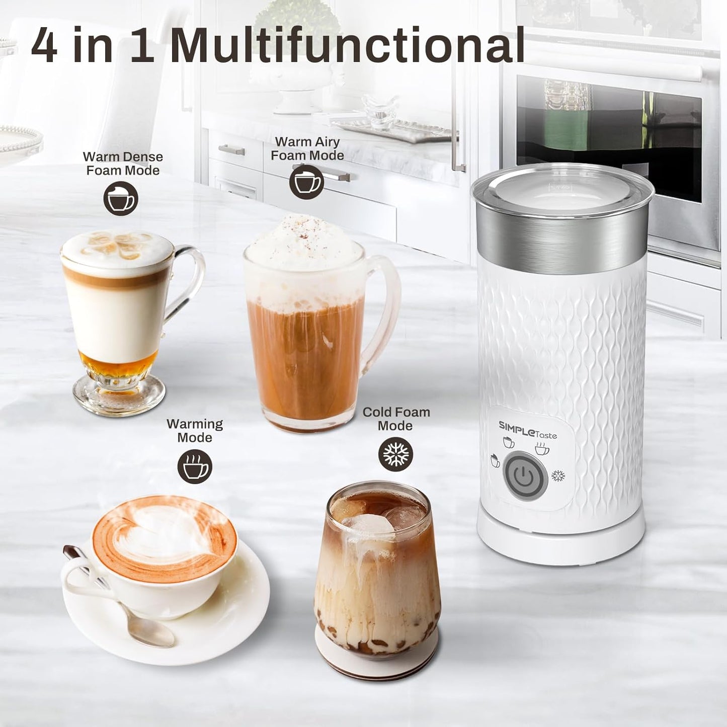 SIMPLETASTE Milk Frother, 4-in-1 Electric Milk Steamer, Automatic Warm and Cold Foam Maker and Milk Warmer for Latte, Cappuccinos, Macchiato