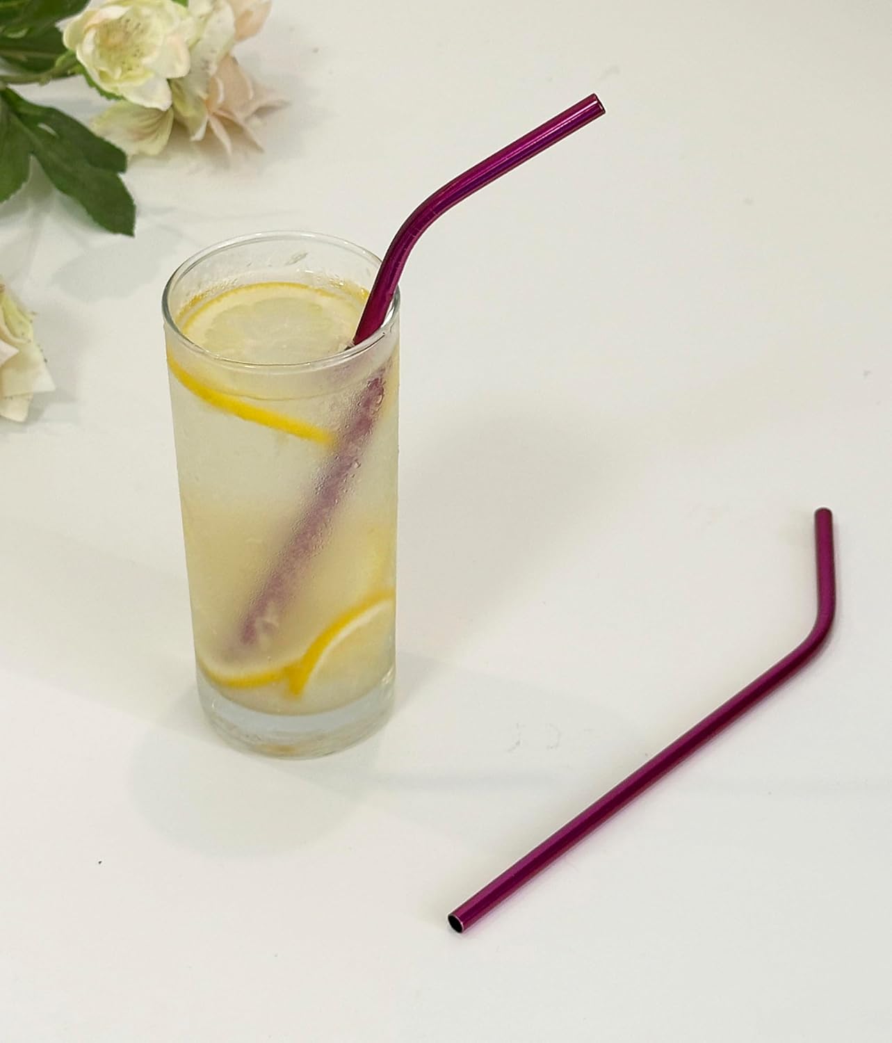 10 Pcs Stainless Steel Straws, Reusable Drinking Straws, Bent Metal Straw Sets with 2 Pcs Cleaning Brushes (Rose Red, 8.5 Inch)