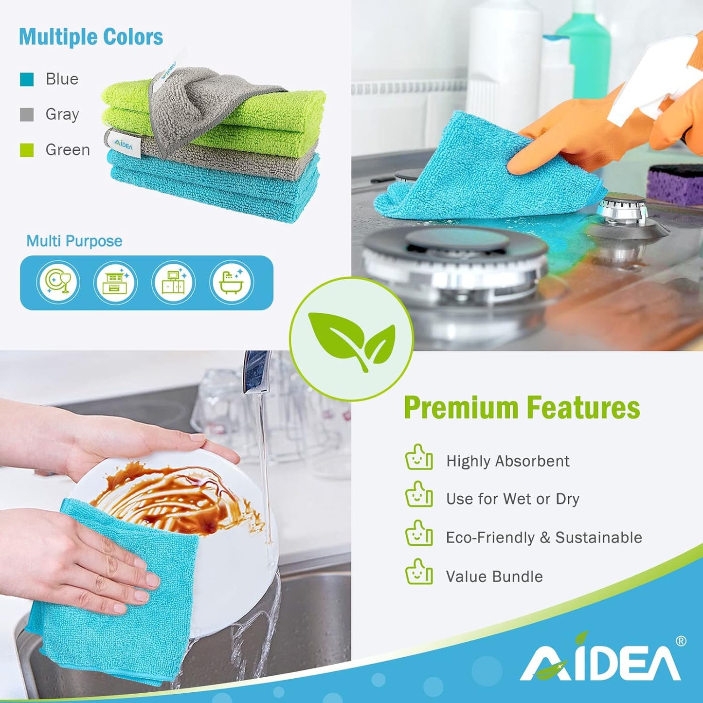 AIDEA Microfiber Cleaning Cloth-100PK, Soft Microfiber Towels for Cars, Absorbent Cleaning Rags, Lint-Free Streak-Free Wash Cloths for House, Kitchen, Window(12in.x12in)