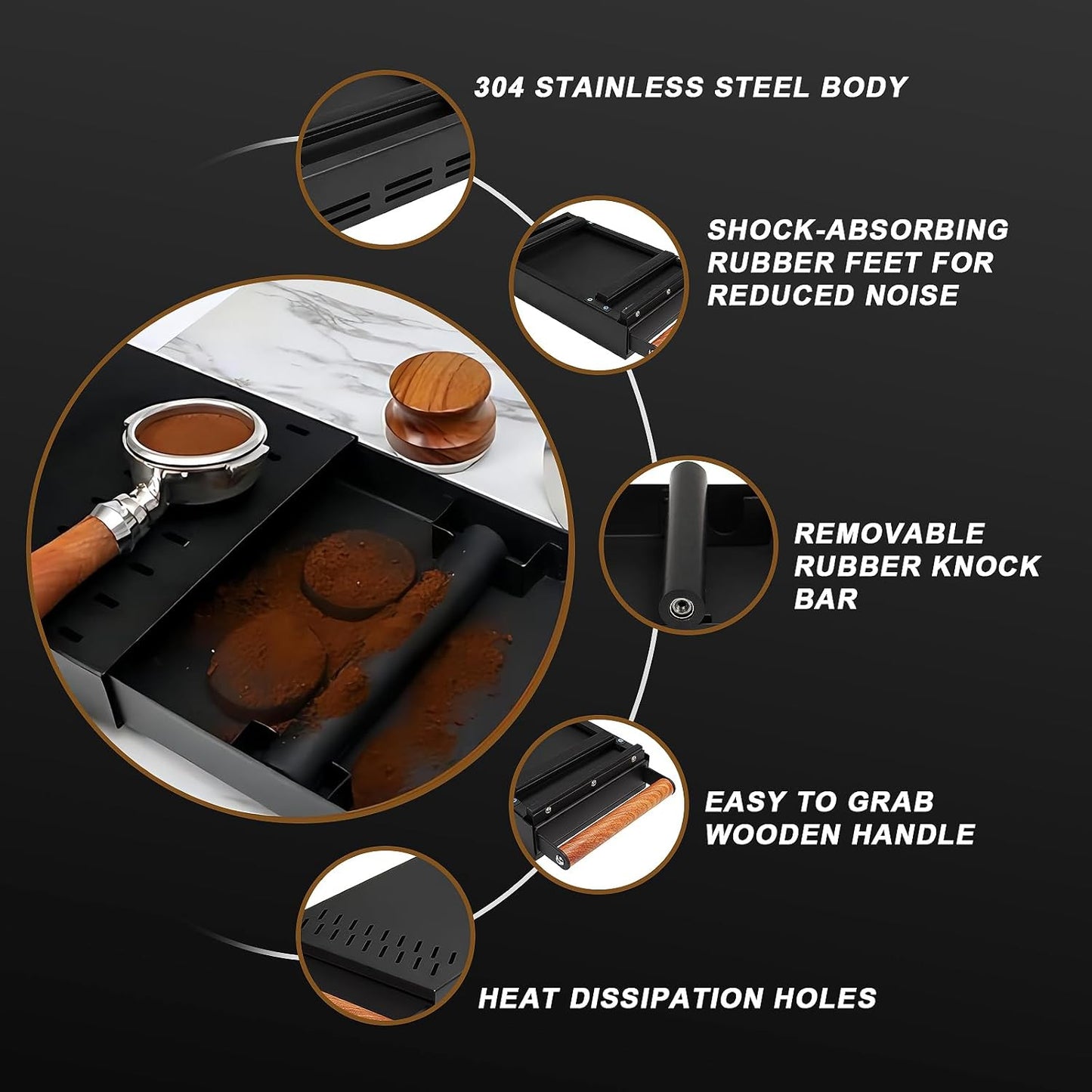 Espresso Knock Box Drawer,Stainless Steel Detachable Coffee Pucks Knock Container, Shock-Absorbent Durable Barista Style Knock Box, Removable Knock Bar,Wood handle and Non-Slip Base (Black)