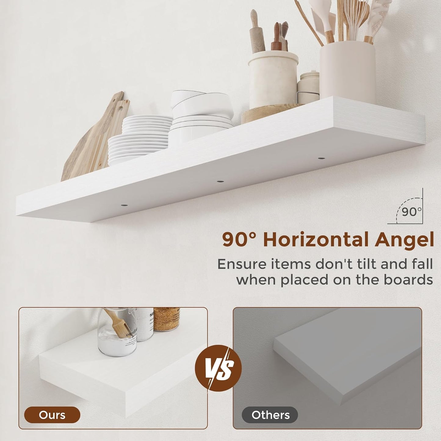 Heimlove 48 Inch Floating Shelves for Wall 8 Inch Deep White Shelves Set of 2,Wall Mounted Rustic Wood Long Floating Shelf，Large Display & Storage Shelf with Invisible Brackets