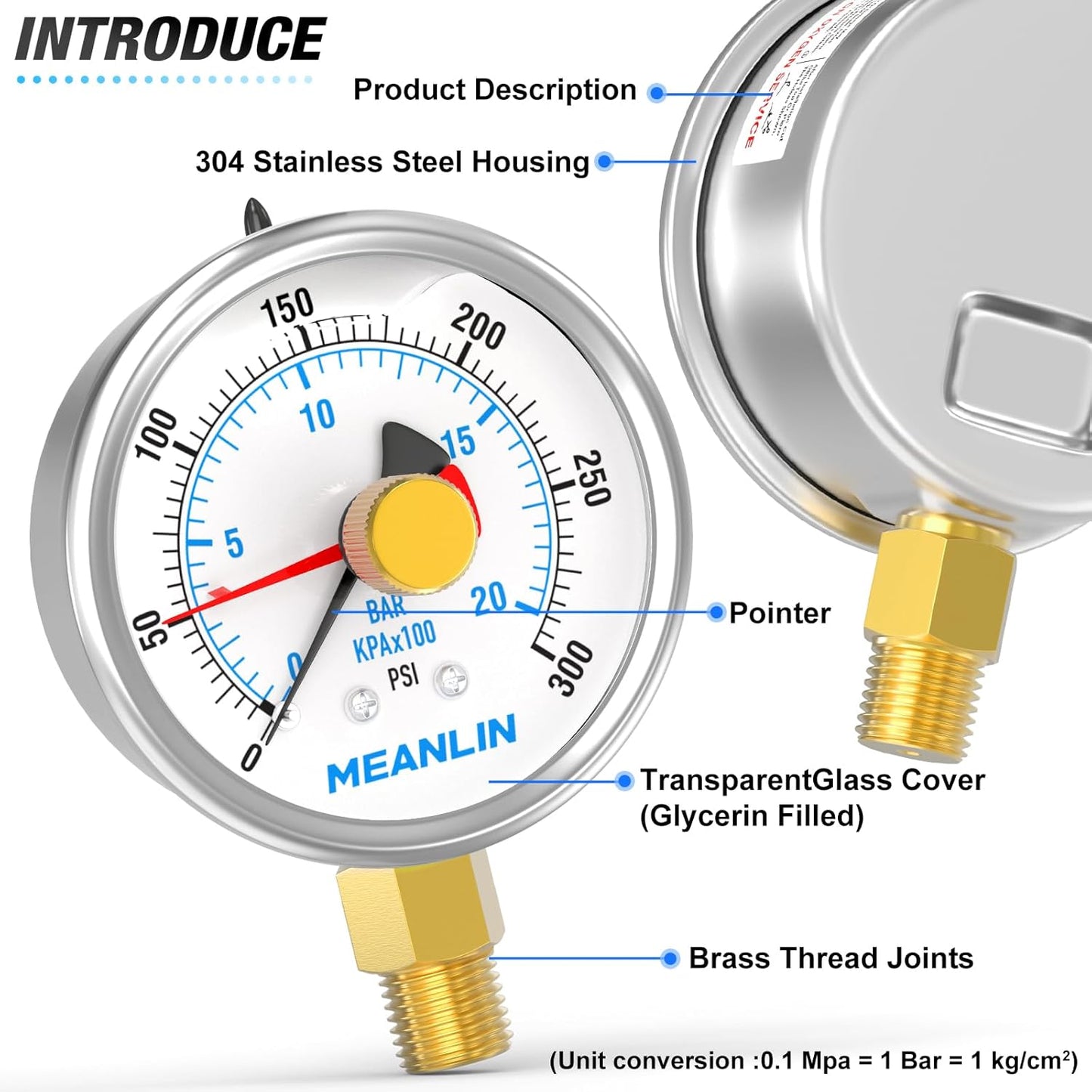 MEANLIN MEASURE 0~300Psi Stainless Steel 1/4" NPT 2.5" FACE DIAL with Reset Pointer Liquid Filled Pressure Gauge WOG Water Oil Air, Lower Mount, with 1/8" x 1/4" NPT and 1/8" x 3/8" NPT Hex Bushing