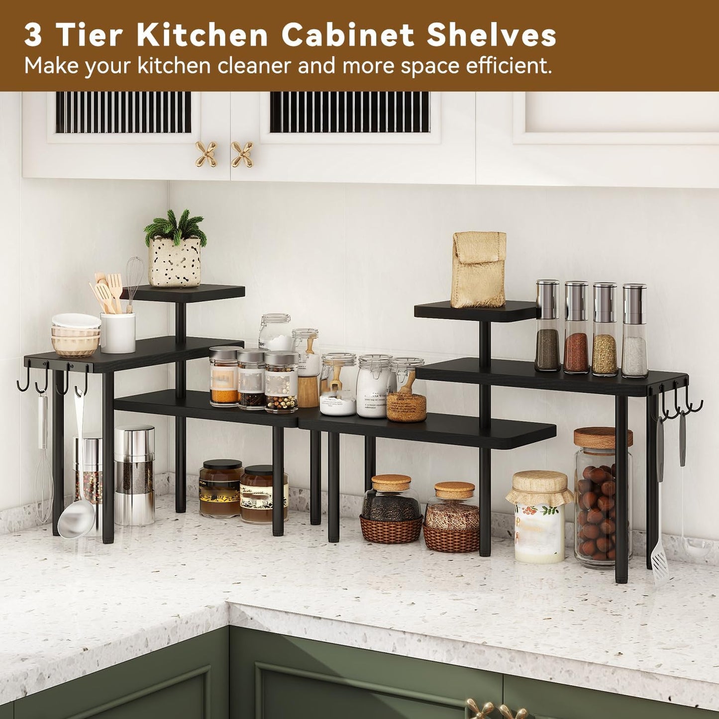 IBUYKE Countertop Organizer,3-Tier Spice Racks,Kitchen Counter Corner Shelf,4 Side Hooks,Adjustable Countertop Shelf for Kitchen, Bathroom, Coffee Bar, Cabinet, Desk,Black,TLJ023B