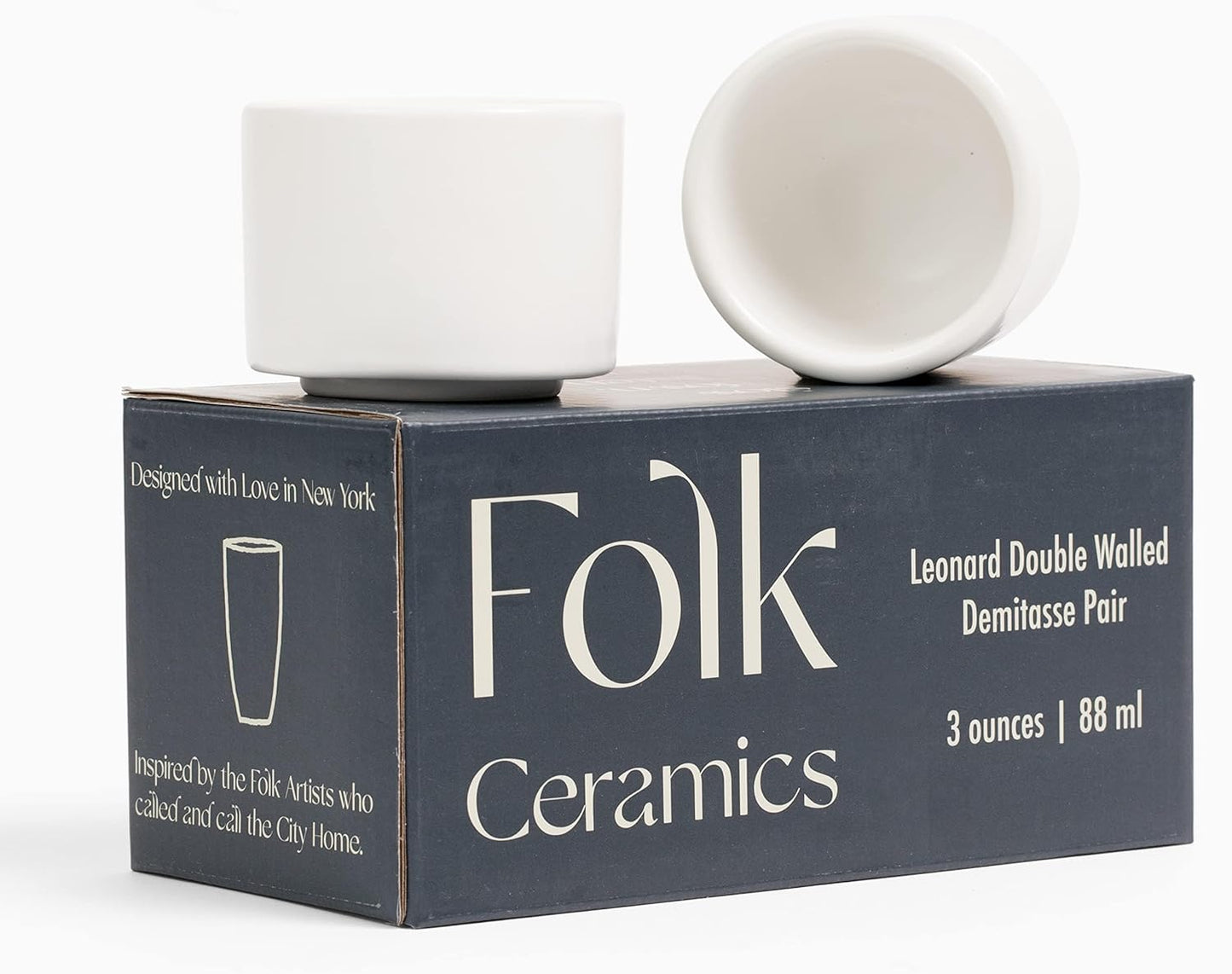Folk Ceramics Leonard Ceramic Espresso Cups | Modern Stackable Demitasse Mugs for Espresso | Thick Walled, Handleless, Durable, Dishwasher & Microwave Safe | Set of 2, 3oz | Whisper White