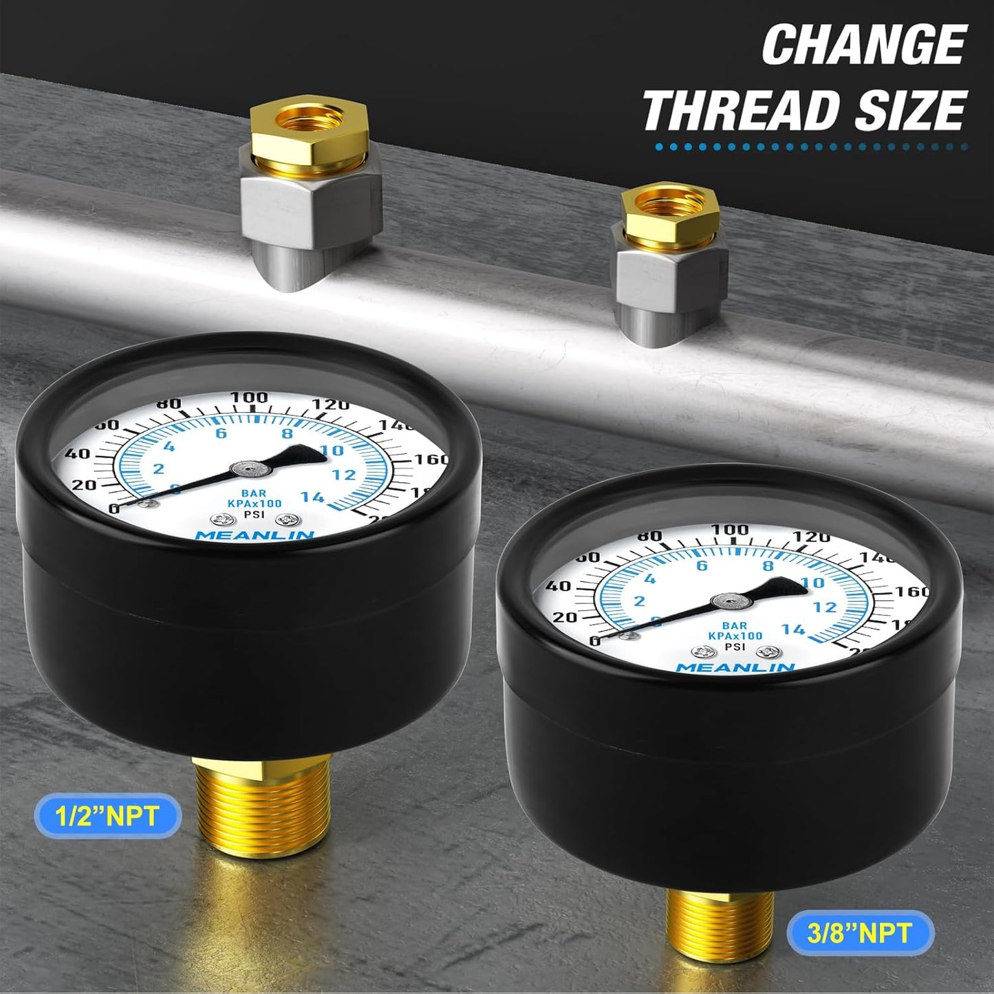 MEANLIN MEASURE 0-200Psi 2" DIAL FACE 1/4" NPT Well Pump Pressure Gauge, with 1/2" NPT and 3/8" NPT Hex Bushing, 3-2-3% Accuracy, Center Back Mount