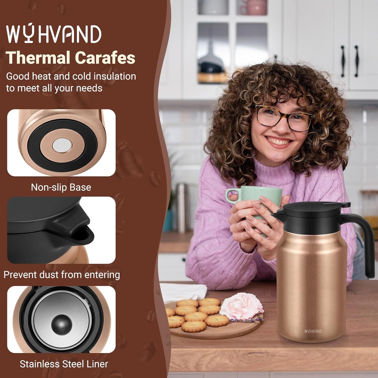 51Oz Thermal Coffee Carafes For Keeping Hot/Cold, Stainless Steel Coffee Carafe, Dustproof Insulated Water Carafe for Party/Home, Copper