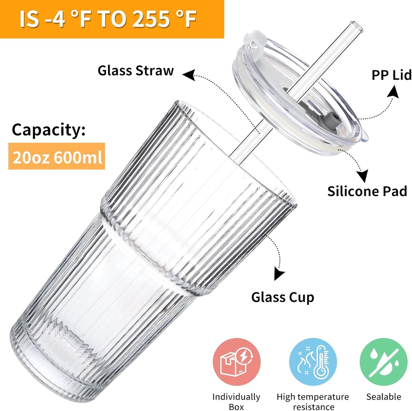 Glass Cups with Lids and Straws - 20oz Glass Tumbler with Straw and Lid, Premium Coffee Cups for Tea, Iced Coffee, Smoothie，Ideal Gift for Home, Office, 4pack