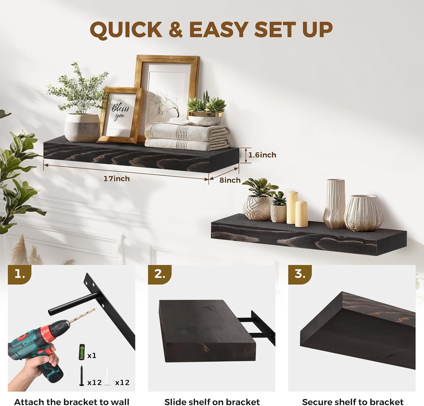 17x8x1.6 inch Floating Shelves Set of 2 – Solid Wood Rustic Black Wall Mounted Shelf for Kitchen, Bathroom, Living Room