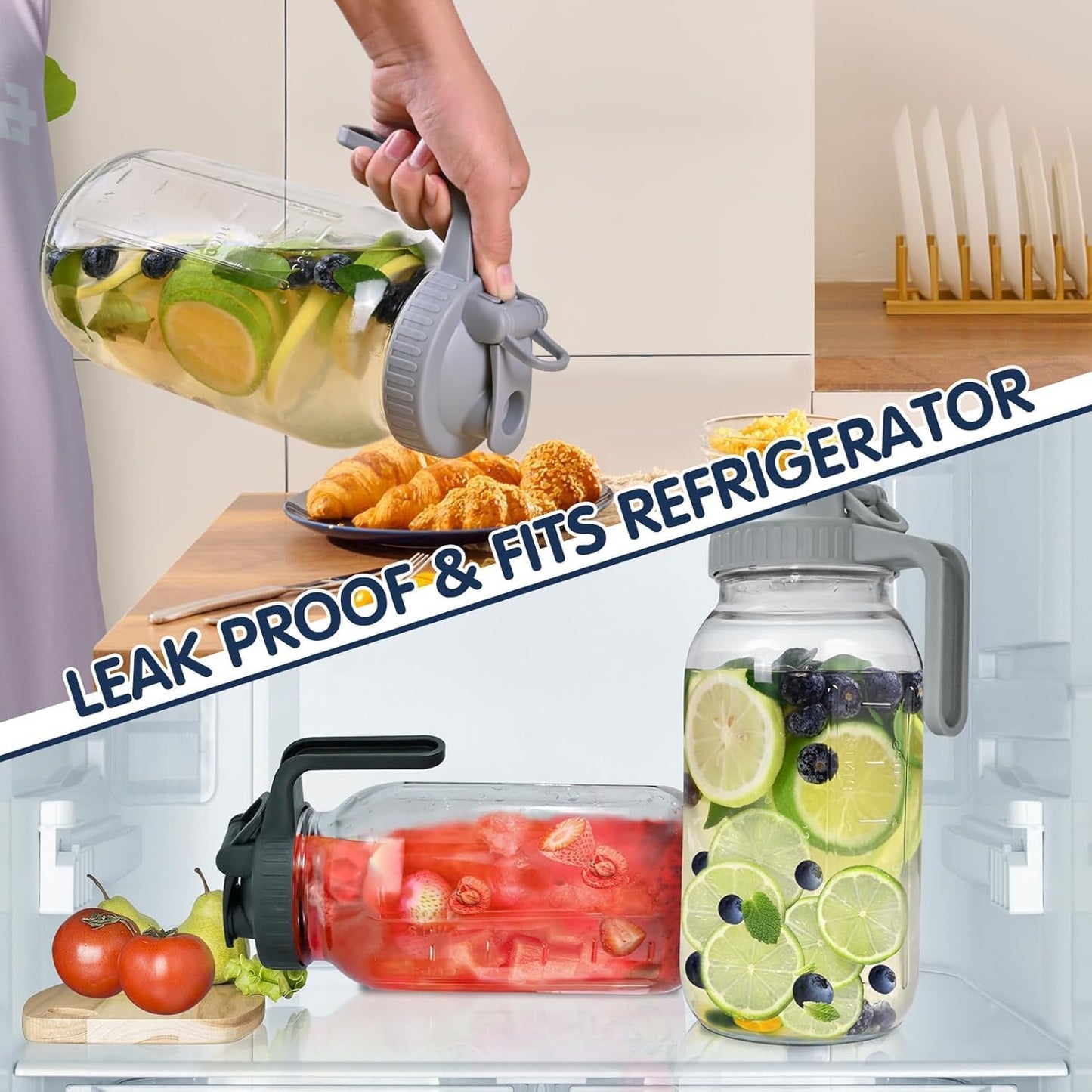 64OZ Glass Pitchers with Lid, Wide Mouth Water Jugs, Leak-Proof Airtight Mason Jars for Cold Brew Coffee, Iced tea, Milk, Food Storage, Sun Tea Jar，Set of 2.