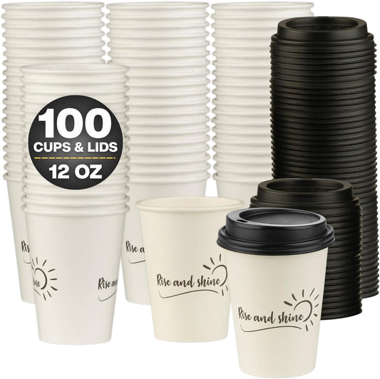 Smygoods Disposable Coffee Cups with Lids, To Go Paper Hot Cups, Rise and Shine Design (12 OZ, 100 Count) For Hot Beverages, Coffee, Tea, Espresso, Cocoa - Vasos Para Cafe
